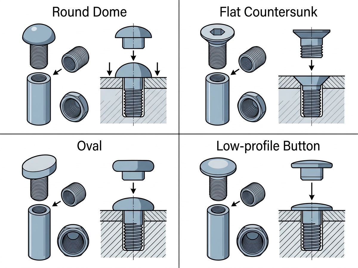 sexbolt types — diagram showing round, flat, oval, and button head styles with barrel post cross-section