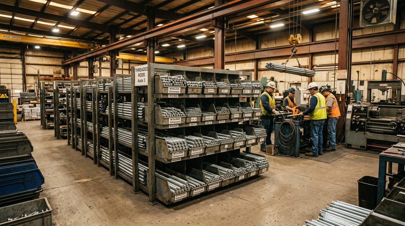 Threaded bar — closing visual showing an engineer reviewing a spec sheet with threaded bars and nuts laid out on a workbench in a professional fabrication shop setting