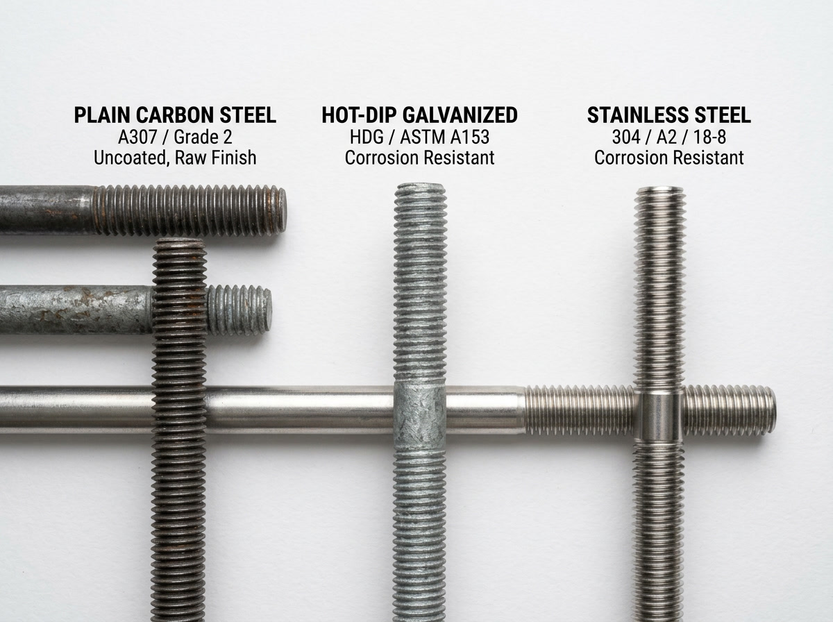 Threaded bar — types illustration showing carbon steel, stainless steel, and galvanized threaded bar varieties with labeled cross-sections and thread pitches
