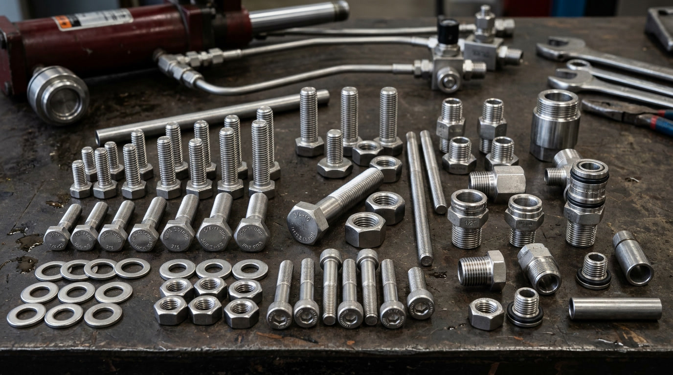 UNS Thread — closing illustration showing a precision machined stainless steel fastener set including UNS threaded bolts and nuts in workshop setting