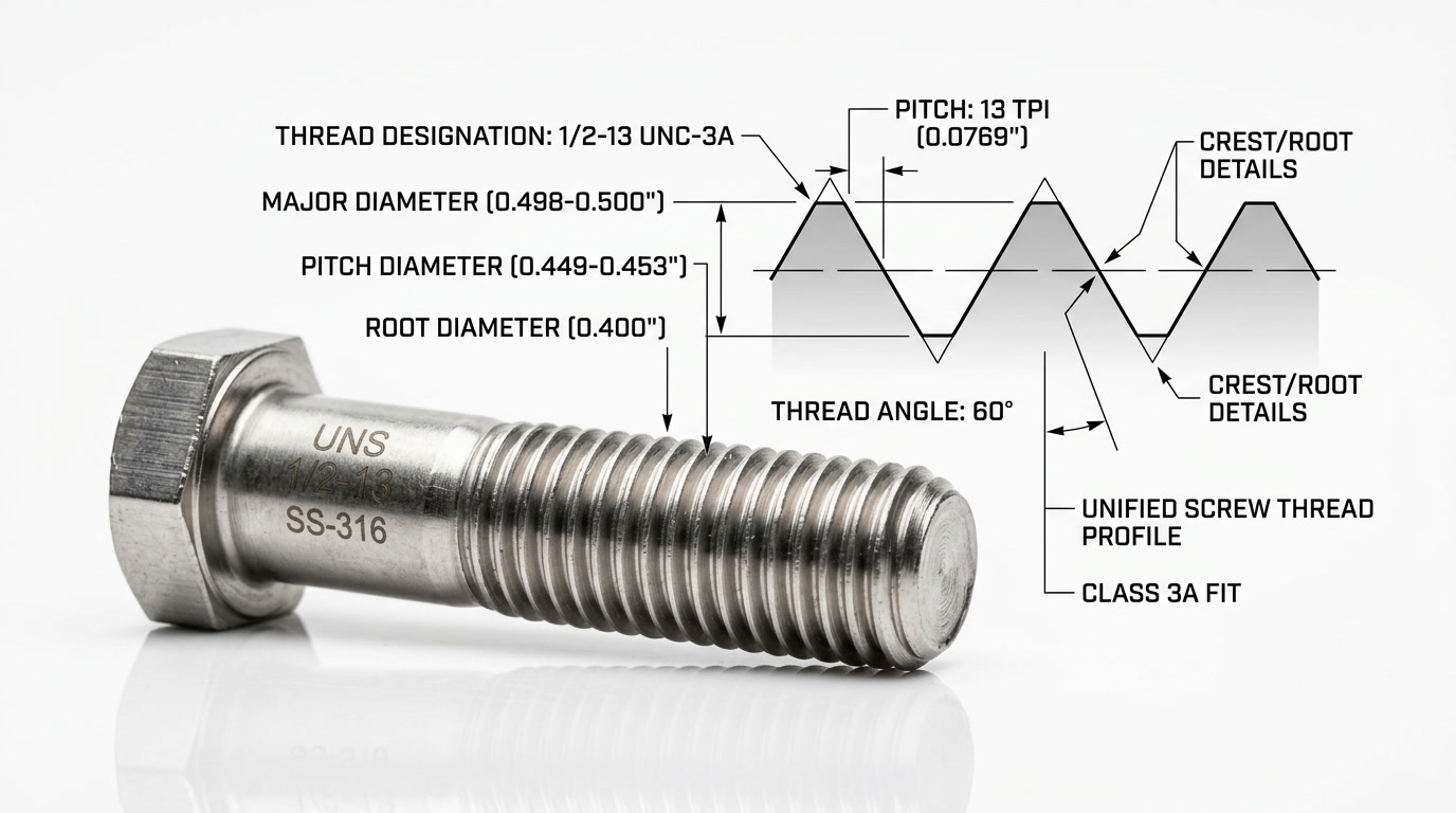 UNS Thread — hero illustration showing precision machined bolt threads with measurement callouts