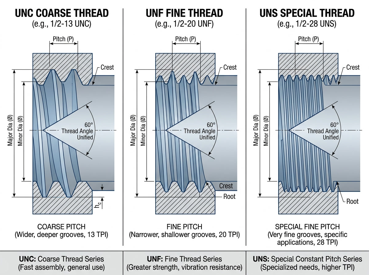 UNS Thread — types illustration showing cross-section comparison of UNC, UNF, and UNS thread profiles side by side