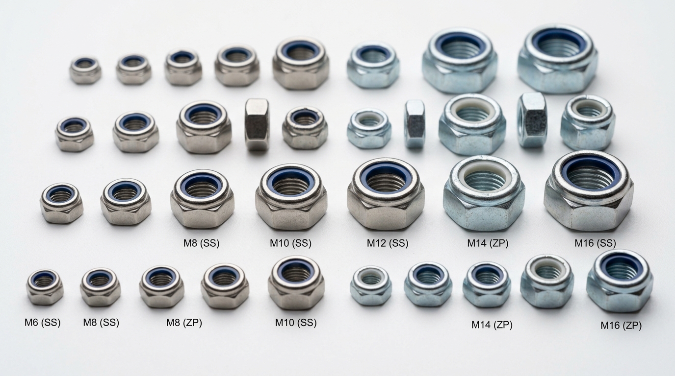 High-resolution image showcasing a variety of industrial flange bolts and screws in different sizes and finishes, including M8, M10, M12, M14, and M16, with both zinc-plated and stainless steel option.