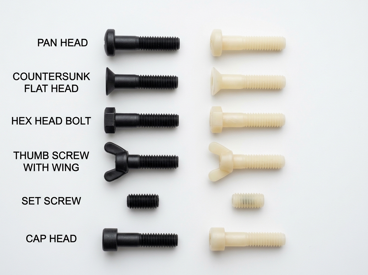 nylon screws — types overview showing pan head, countersunk, hex, and thumb screw variants arranged by application