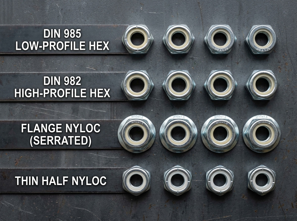 A close-up of various DIN standard hex nuts and nylon lock nuts arranged on a dark surface, showcasing different profiles including low-profile, high-profile, and serrated nylon lock nuts.