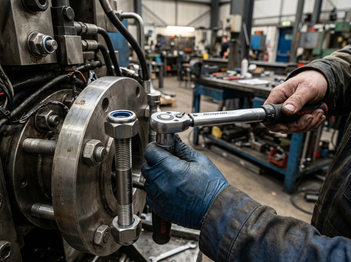 High-quality flange bolts being installed in a manufacturing workshop for industrial machinery.