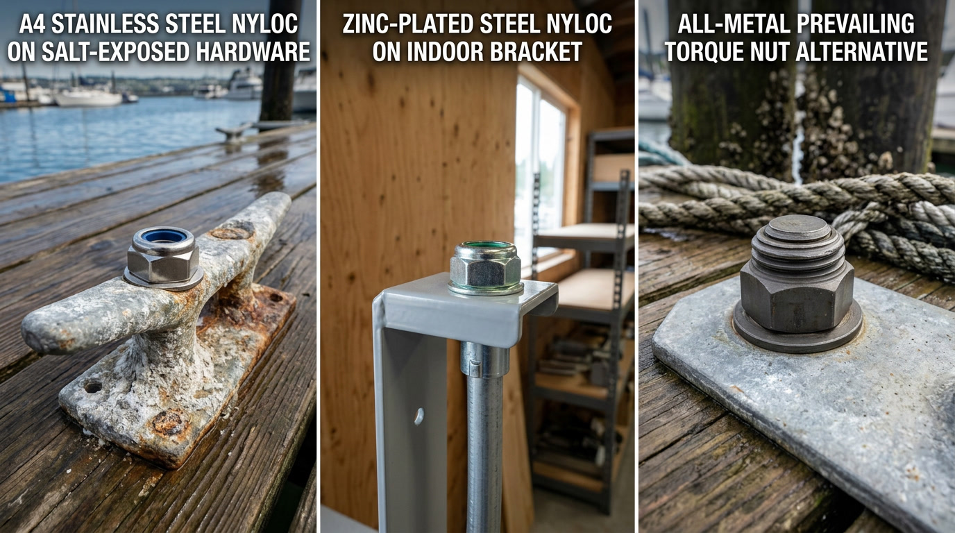 A4 stainless steel nylon lock flange bolts on salt-exposed hardware and outdoor structures, offering corrosion resistance and secure fastening for industrial applications.