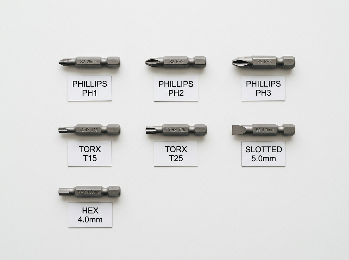 7 bits — side-by-side comparison layout of S2 steel, chrome vanadium, and titanium-coated screwdriver bits on clean white studio surface