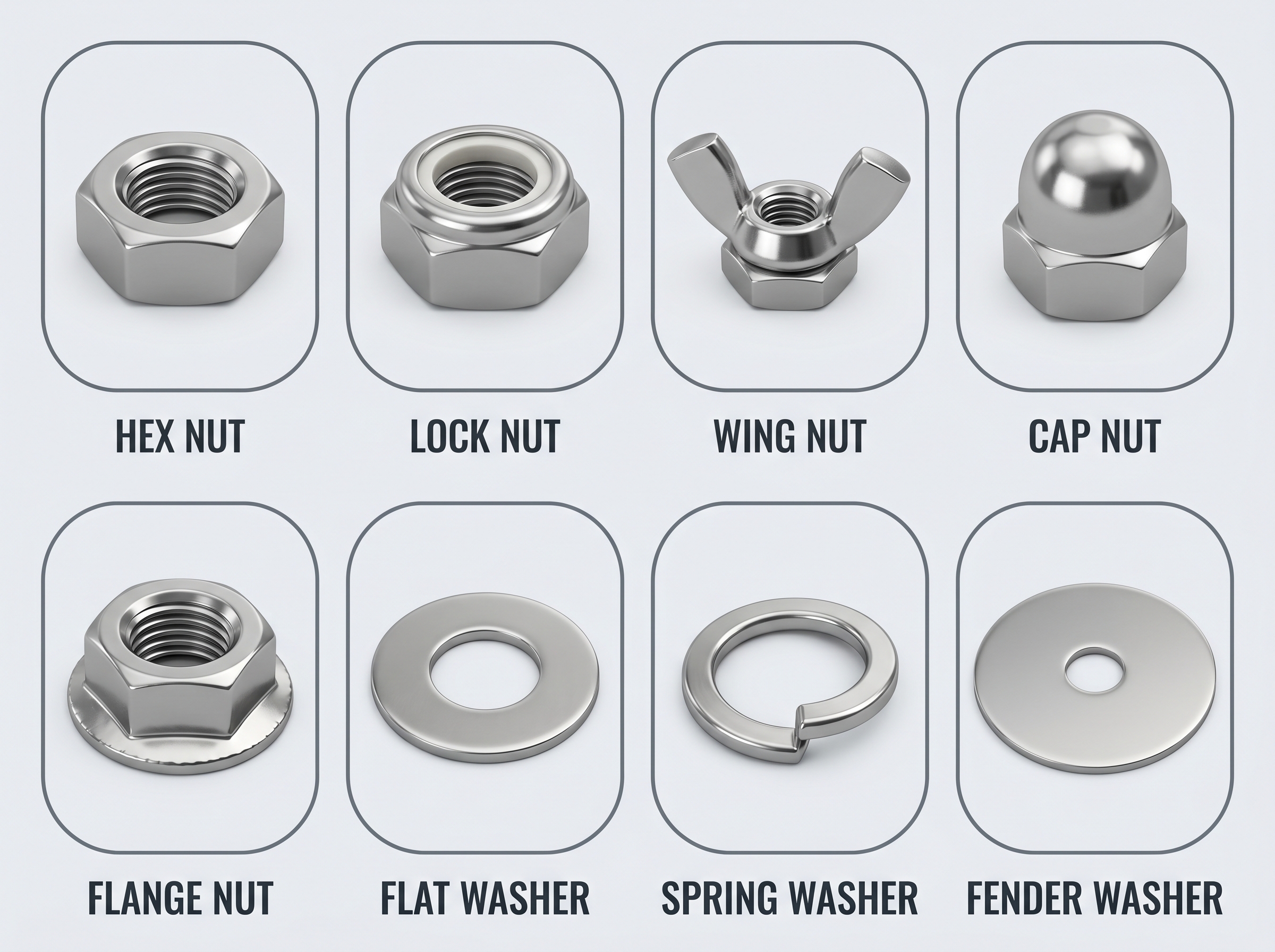 Nuts and washers chart: hex nut, lock nut, wing nut, cap nut, flange nut, flat washer, spring washer and fender washer