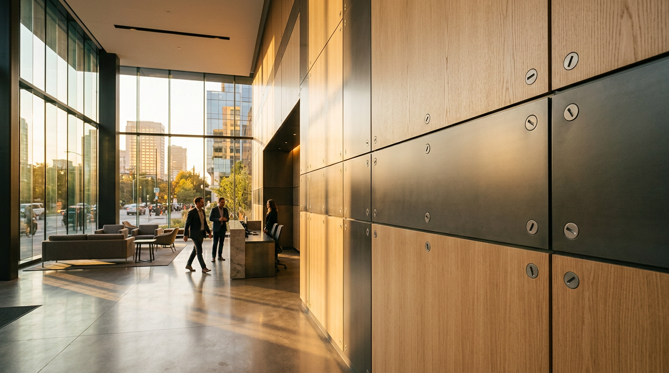 one way screws — modern commercial building lobby with wall panels secured by flush tamper-resistant hardware, clean architectural lines, golden hour light through glass facade