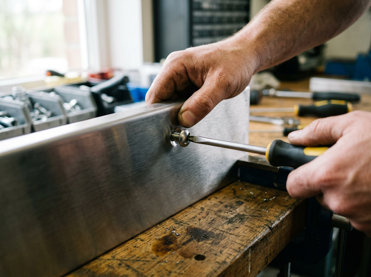 one way screws — close-up of hands using a flat-head screwdriver to drive a one-way screw into a stainless steel surface, workshop bench setting with natural light