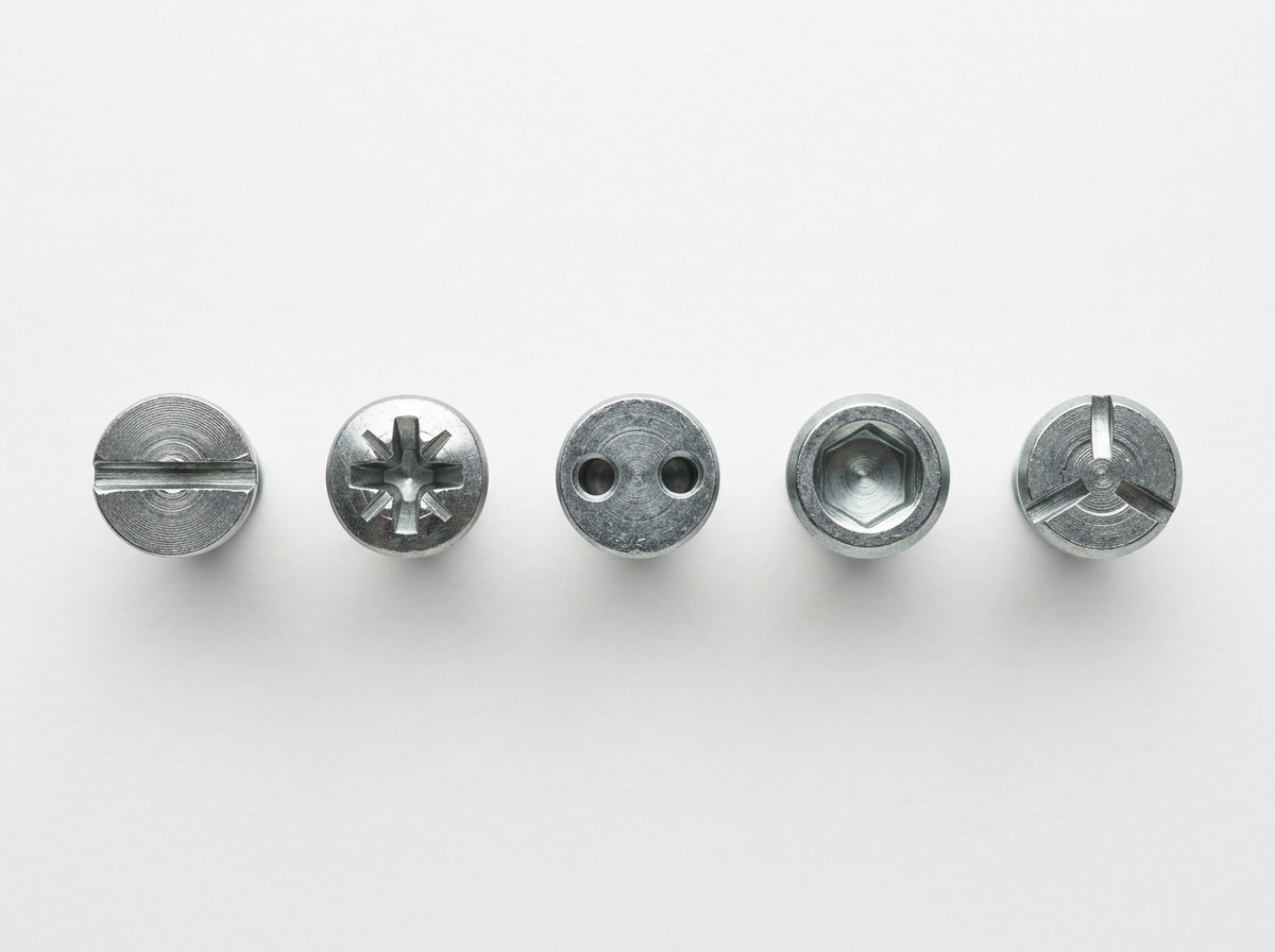 one way screws — flat-lay side-by-side comparison of five different one-way screw head styles arranged on a clean white workshop surface, top-down view