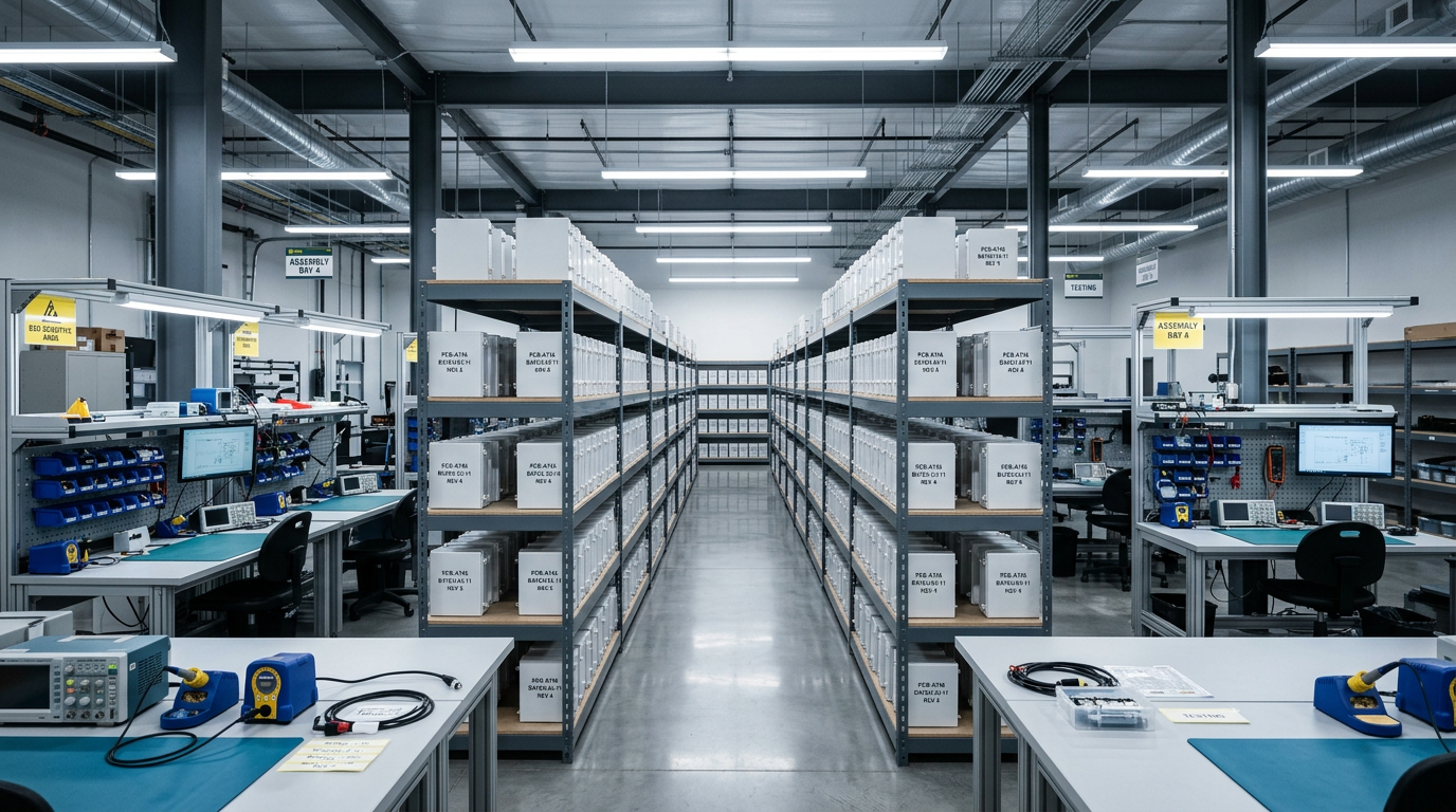 plastic screw — modern electronics assembly lab with nylon fasteners securing a completed white circuit board enclosure under overhead workstation lighting