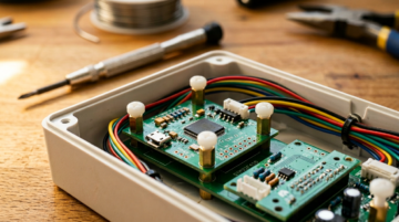 plastic screw — installed fasteners inside electronics enclosure