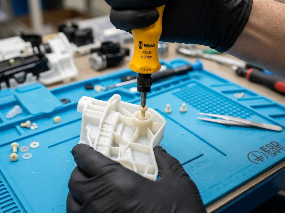 plastic screw — close-up of nylon M3 screw being driven into a white polypropylene boss with a calibrated torque driver on a blue workbench mat