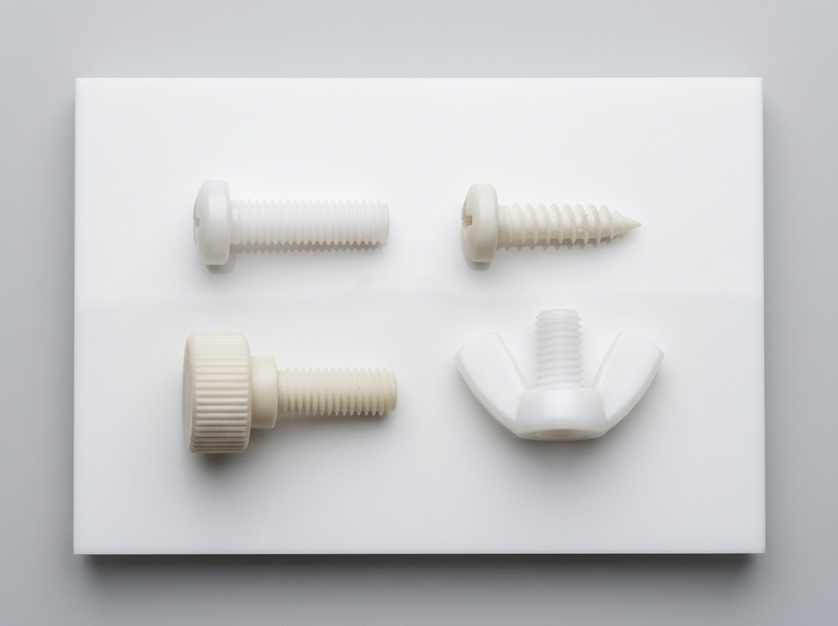 plastic screw — side-by-side comparison of nylon pan head, self-tapping, thumb screw, and wing screw styles arranged on a clean white studio shelf from above