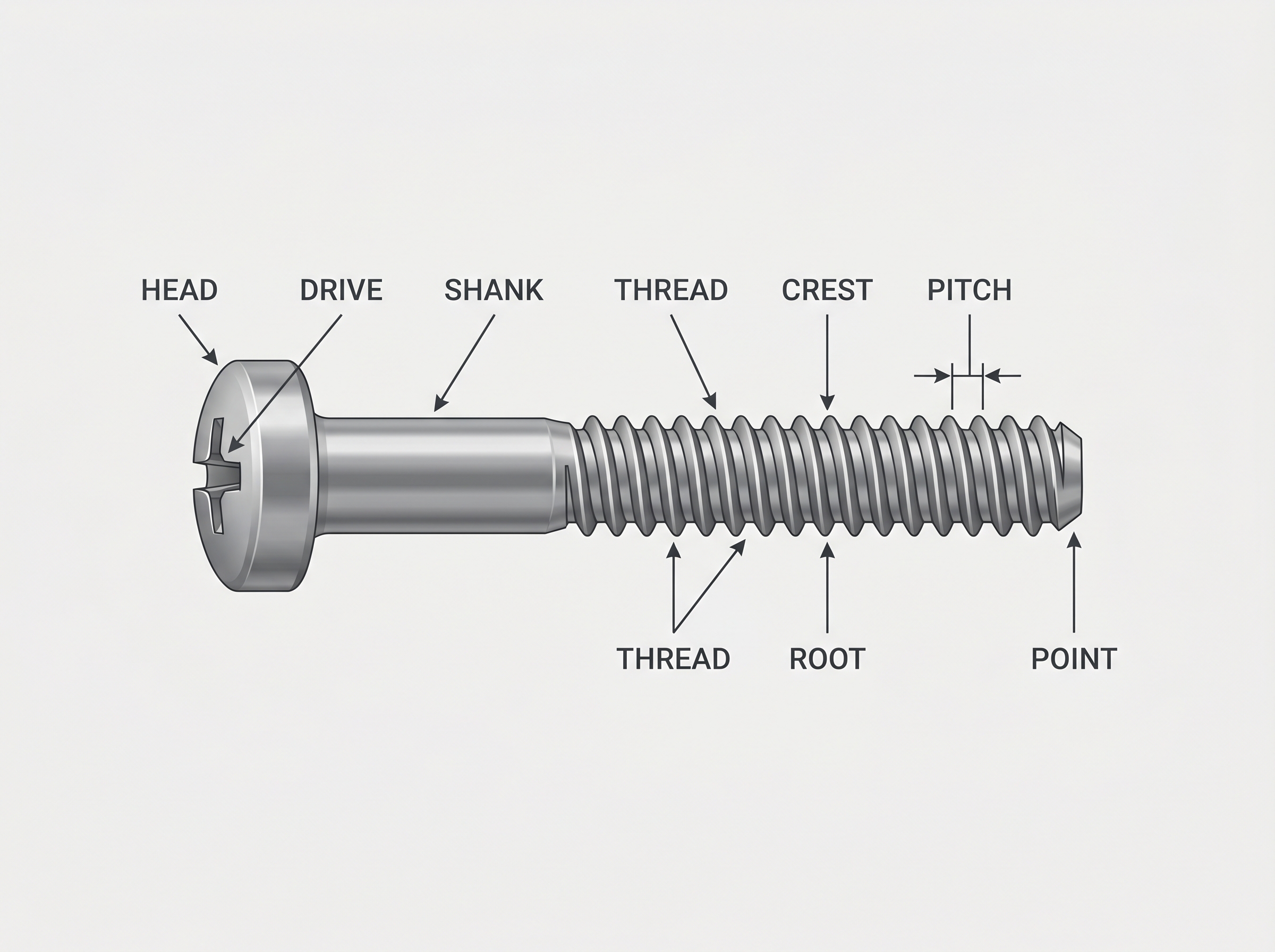 Diagram of the parts of a screw labeled: head, drive, shank, thread, crest, root, pitch and point