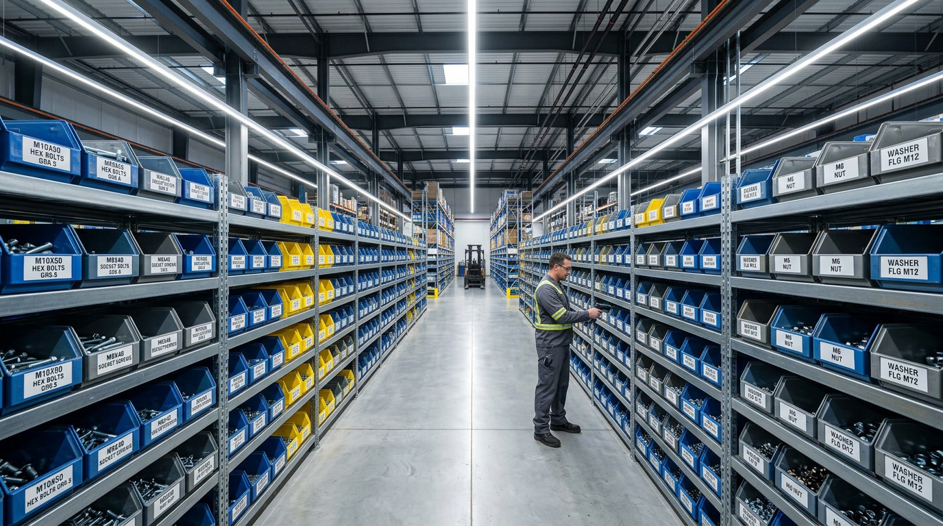 screw and bolt — wide-angle view of a well-organized industrial fastener storage room with labeled bins of hex bolts, machine screws, and carriage bolts under bright fluorescent lighting, professional manufacturing environment