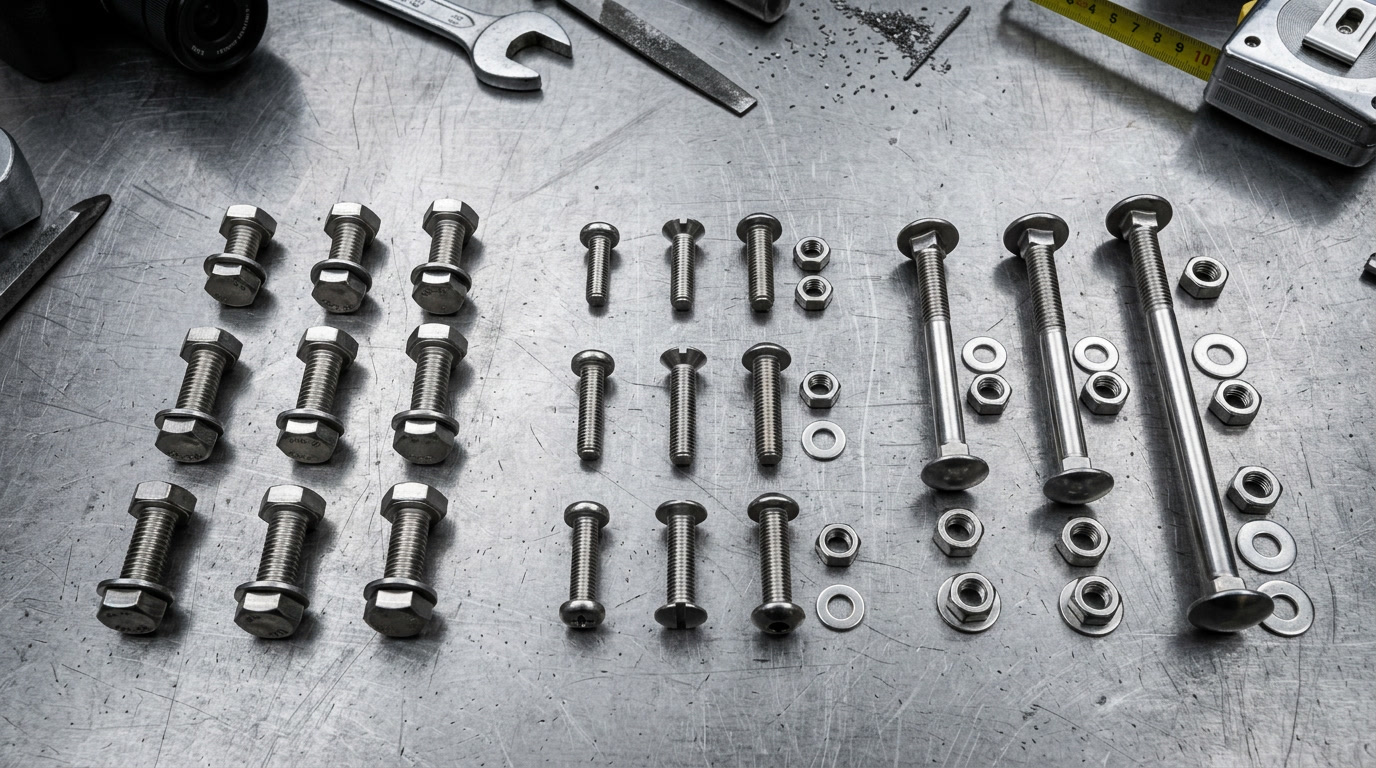 screw and bolt — finished assortment of hex bolts, machine screws, and carriage bolts displayed on a stainless steel workshop surface under professional studio lighting