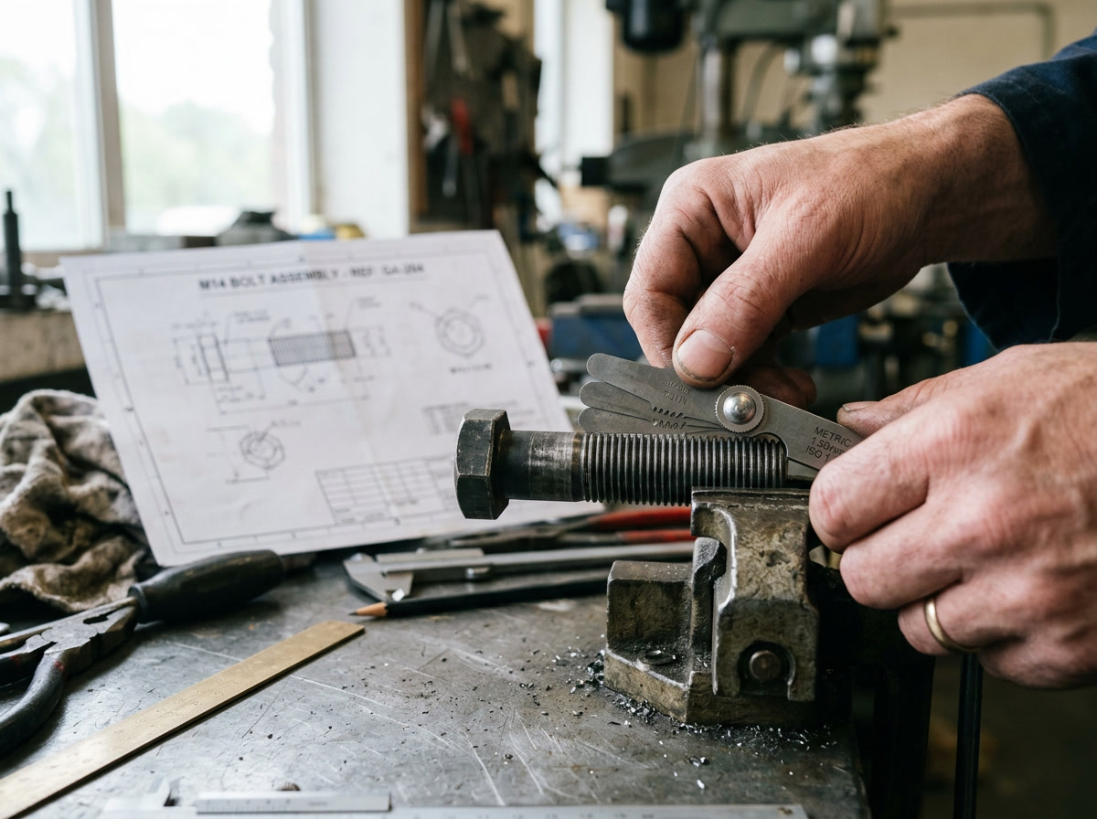 screw and bolt — close-up of engineer's hands using a thread-pitch gauge to measure bolt threads against a technical drawing on a stainless steel workbench, natural workshop lighting