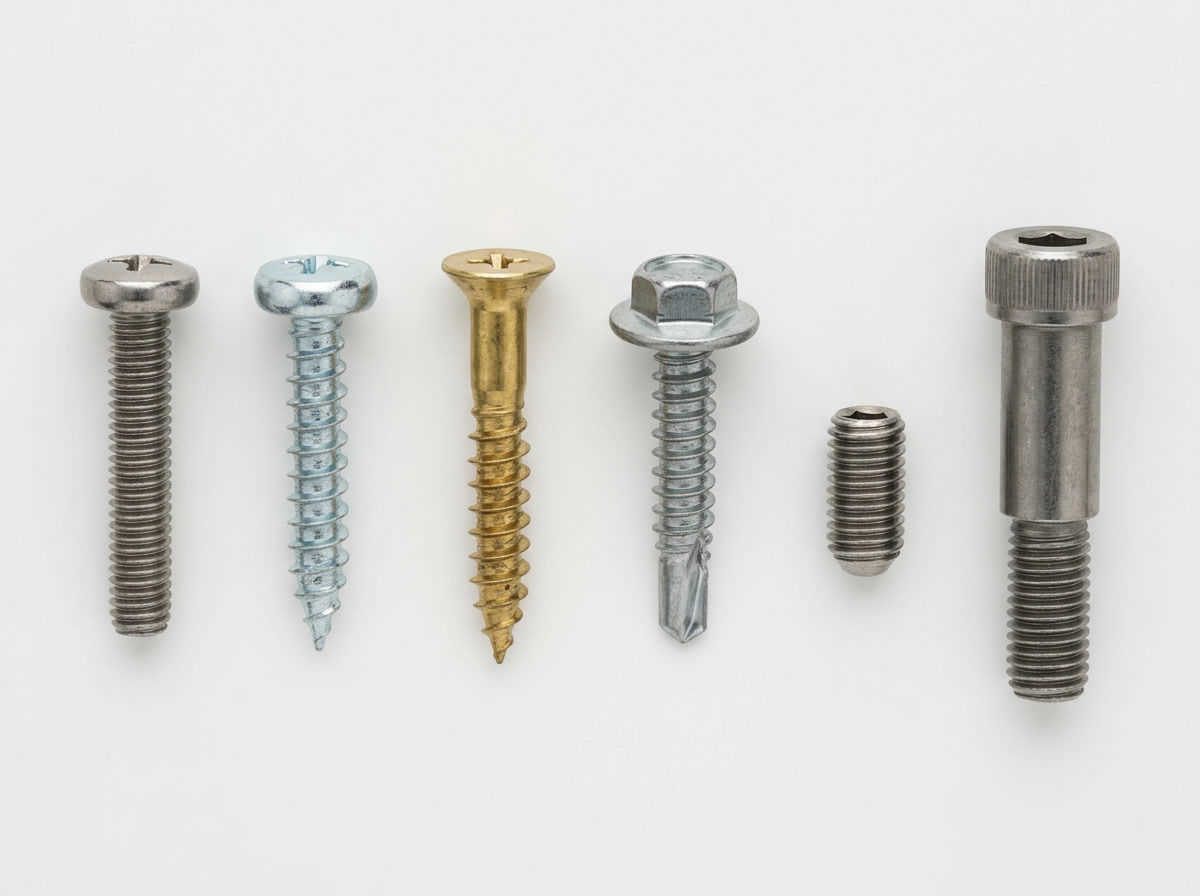 screw and bolt — six screw types arranged side by side on a white studio shelf from left to right: machine screw, self-tapping, wood screw, sheet metal screw, set screw, shoulder screw, flat-lay overhead perspective
