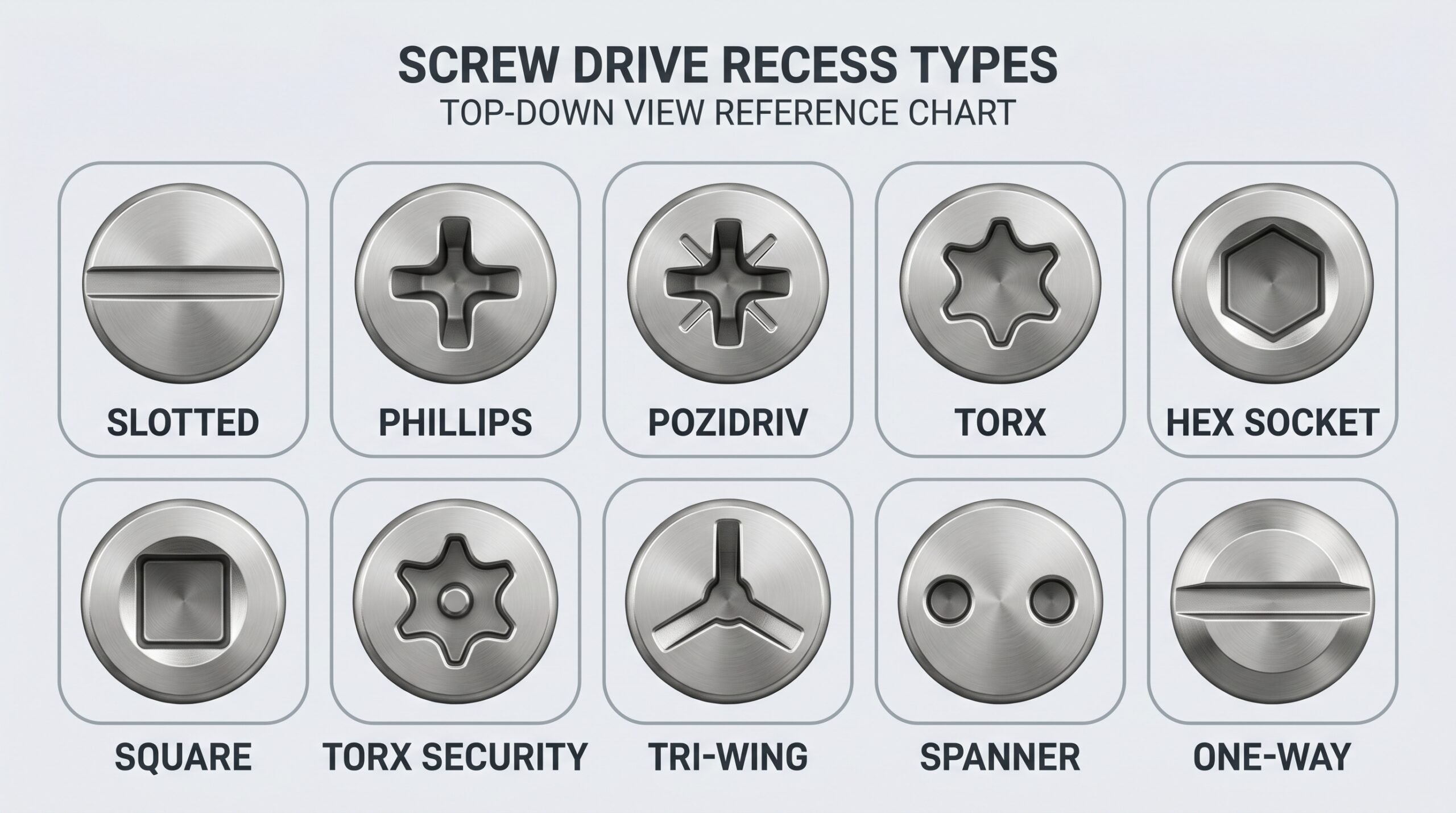 Screw drive types chart: slotted, Phillips, Pozidriv, Torx, hex socket, square, Torx security, tri-wing, spanner and one-way drives