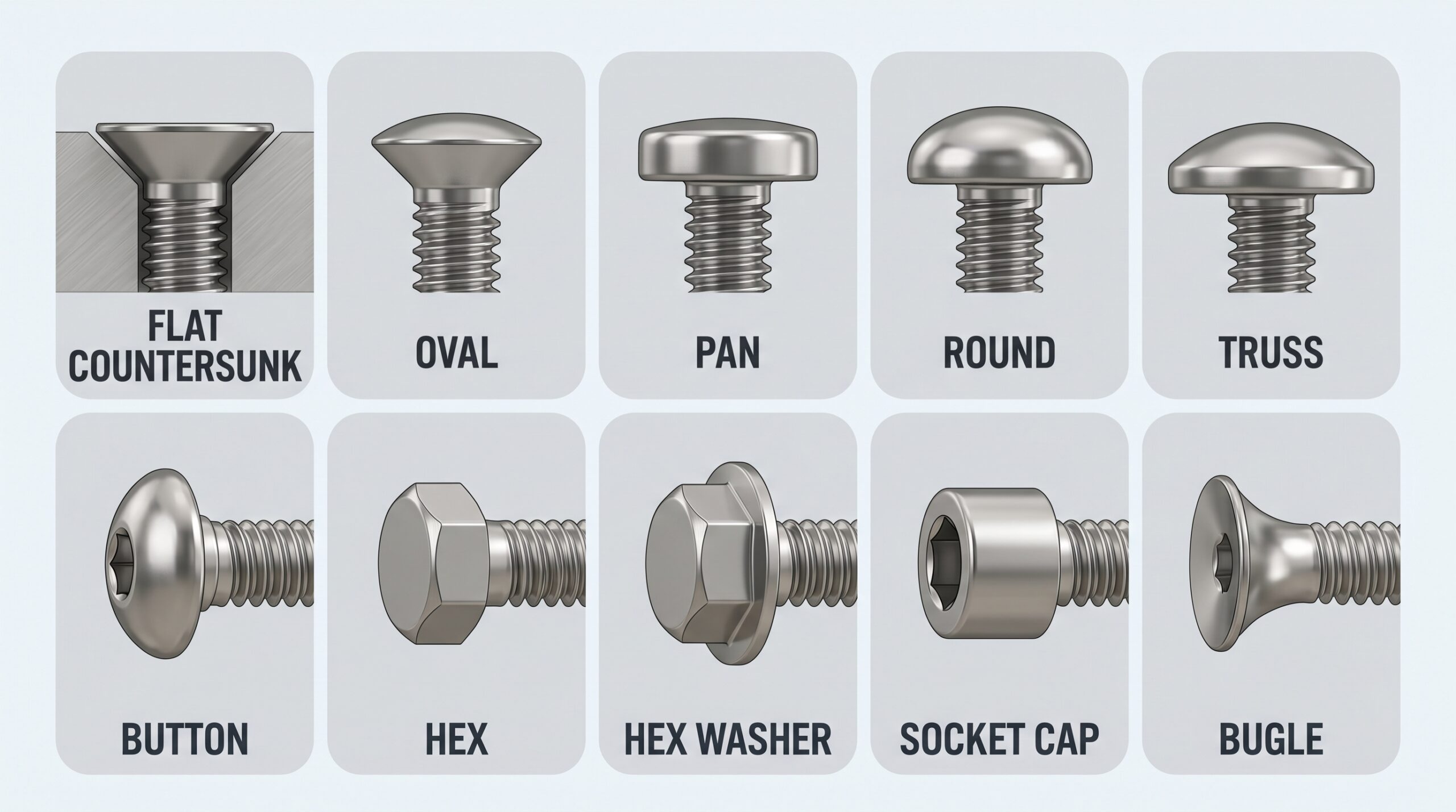Screw head types chart: flat countersunk, oval, pan, round, truss, button, hex, hex washer, socket cap and bugle heads