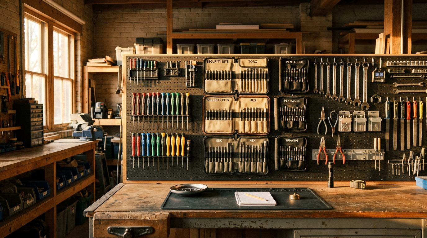 security screwdriver — organized professional tool workshop with bit rolls and screwdrivers arranged on pegboard, warm ambient lighting, clean and functional aesthetic