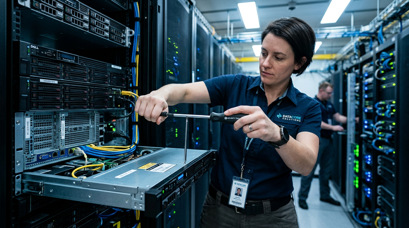 security screwdriver — professional technician using hollow-tip Torx driver on server equipment panel inside a clean data center