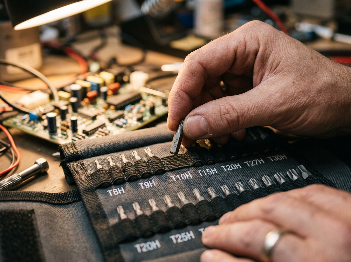 security screwdriver — close-up of technician's hands selecting hollow-tip security Torx bit from organized precision bit roll, various bit sizes visible, focused decision moment