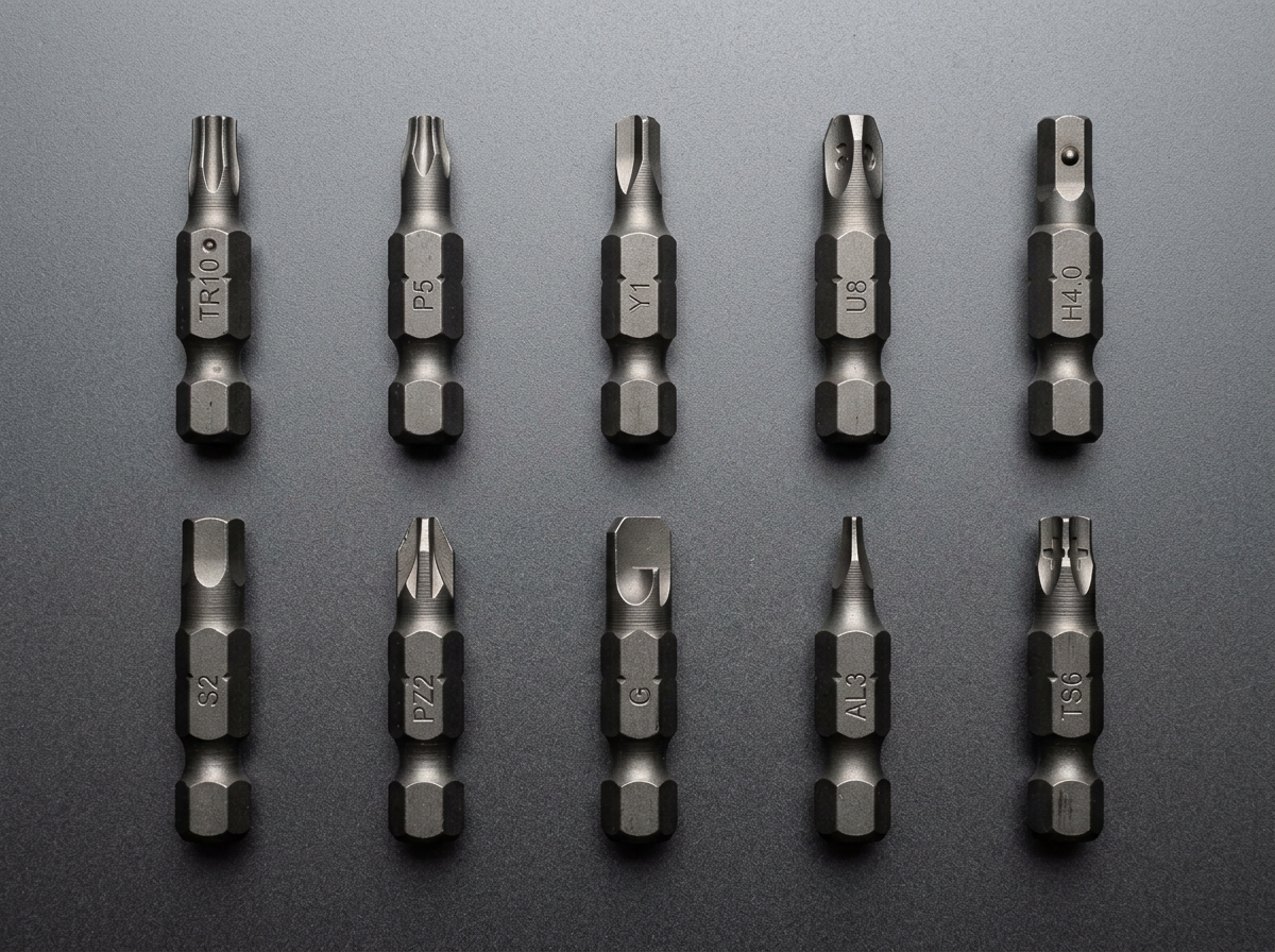 security screwdriver — overhead flat-lay comparison of 10 different security bit types arranged by category on neutral gray surface, showing drive geometry differences clearly