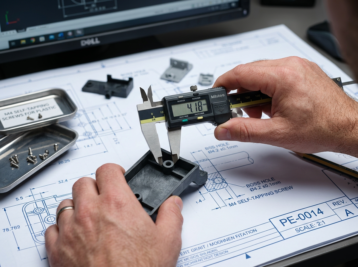 self tapping screws for plastic — close-up of hands measuring plastic boss diameter with digital calipers on engineering drawing blueprint
