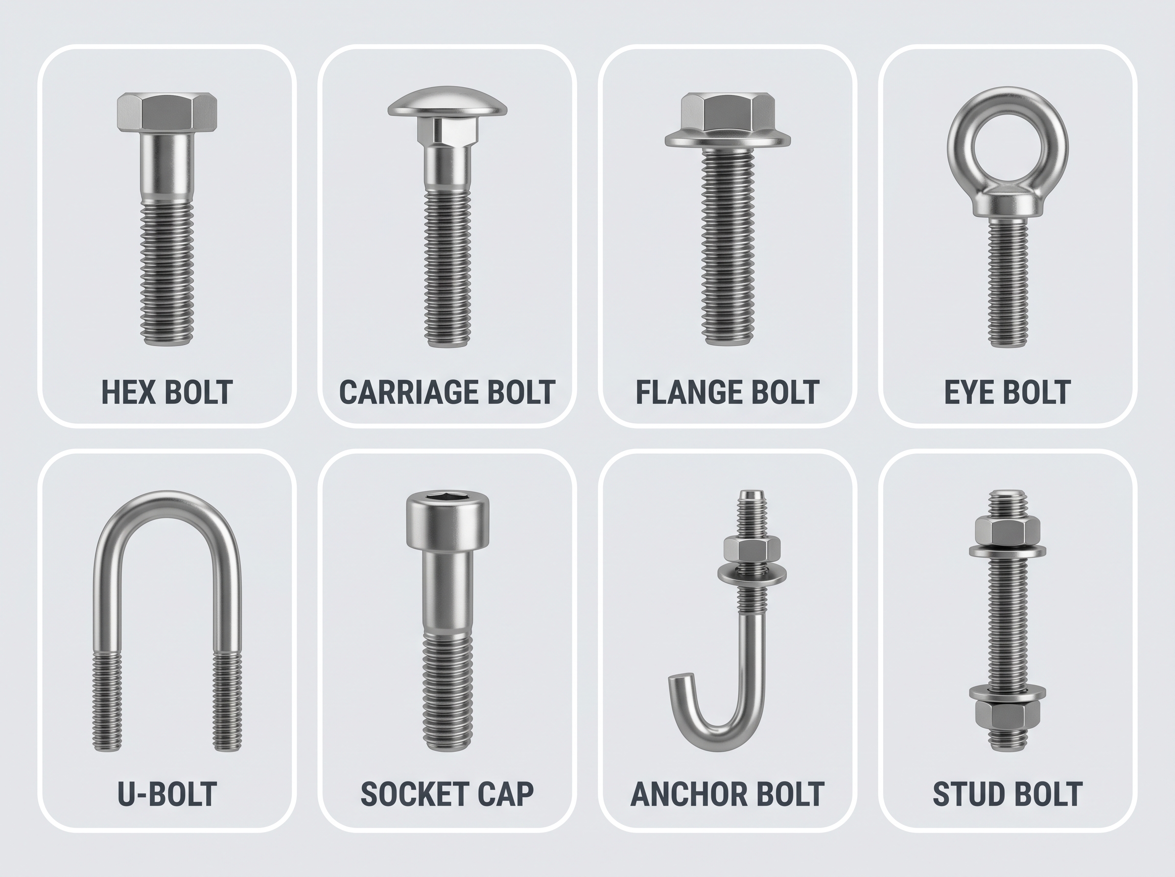 Types of bolts chart: hex bolt, carriage bolt, flange bolt, eye bolt, U-bolt, socket cap, anchor bolt and stud bolt