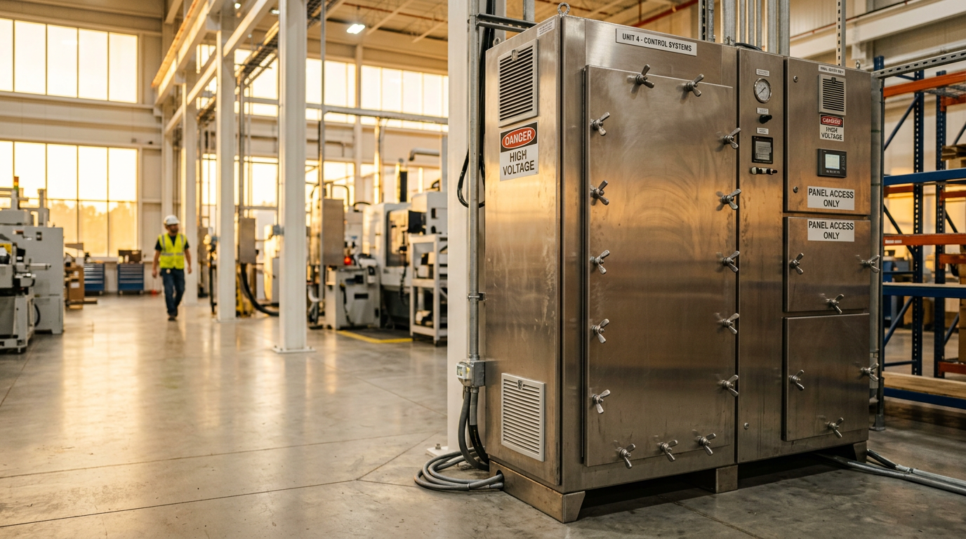 écrou à ailettes — enceinte d'équipement industriel moderne avec des écrous à ailettes en acier inoxydable sur le panneau d'accès dans une installation de fabrication propre avec un éclairage chaleureux