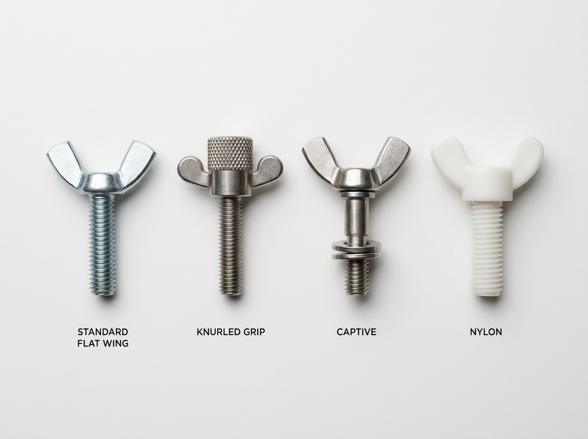 boulon à aile — comparaison côte à côte de quatre types de boulons à aile disposés sur une surface de studio blanche : standard, nervuré, à profil bas captif et en nylon