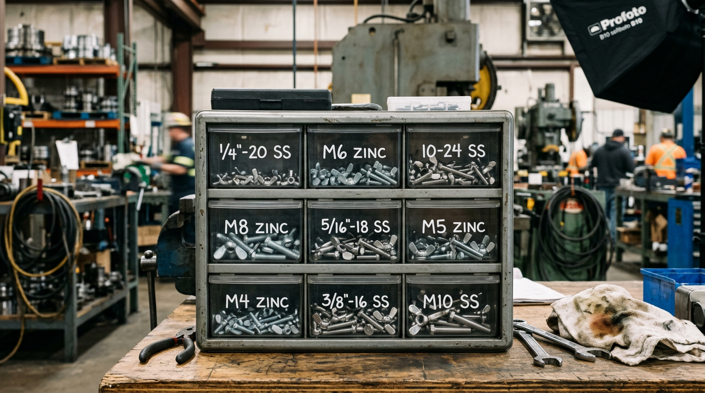 wing screw — organized parts bin with assorted zinc and stainless wing screws in multiple sizes