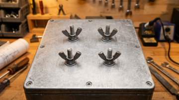 wing screw -- finished assembly with wing screws installed on a metal enclosure panel
