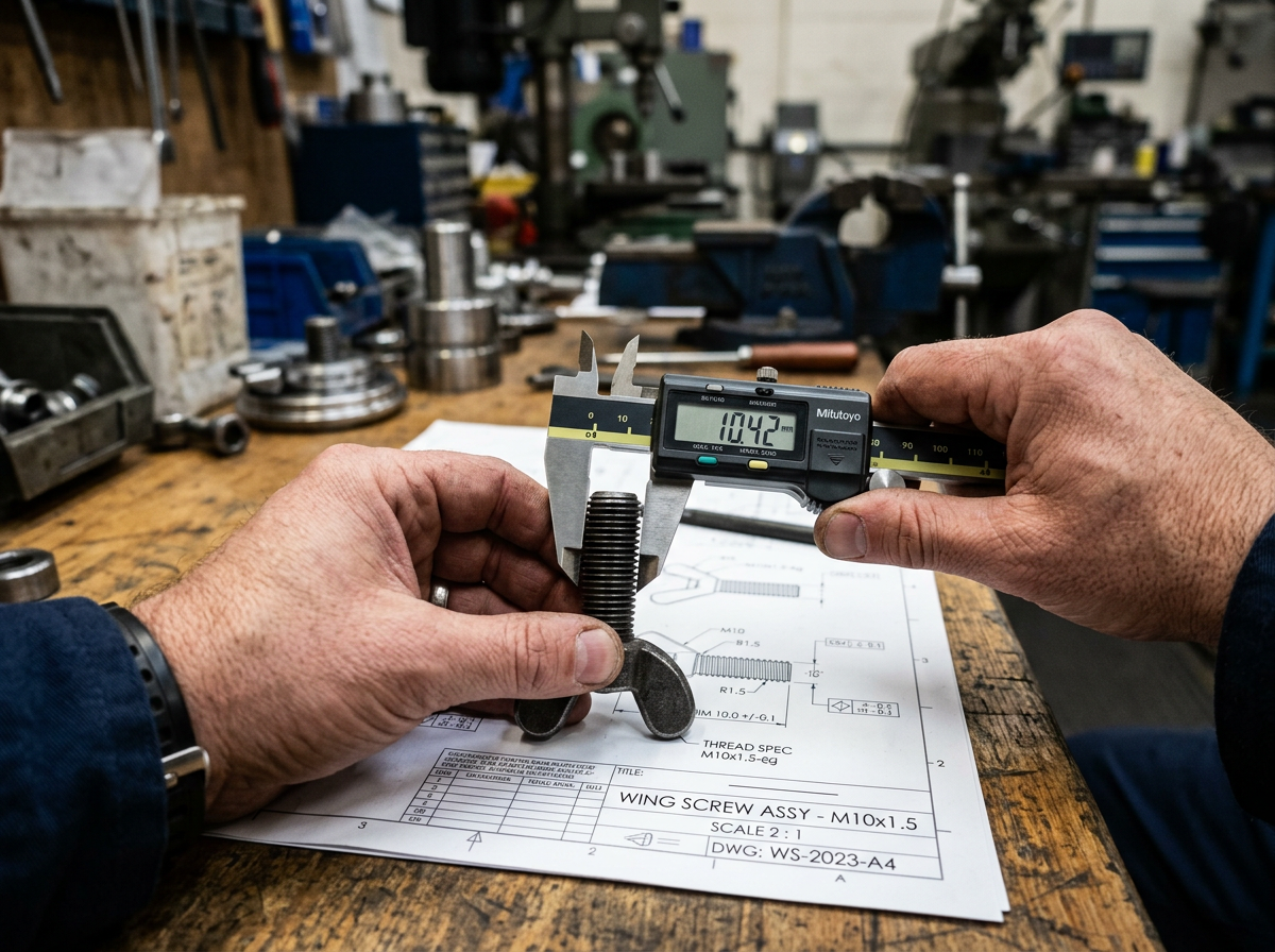 wing screw — close-up of an engineer measuring thread diameter with digital calipers on a workbench