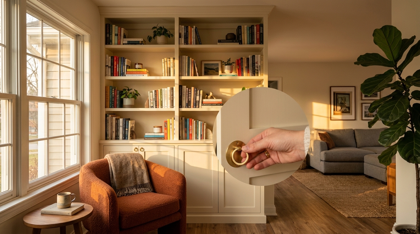 wood tapping screws — modern workshop interior with organized fastener bins and power tools, warm natural light