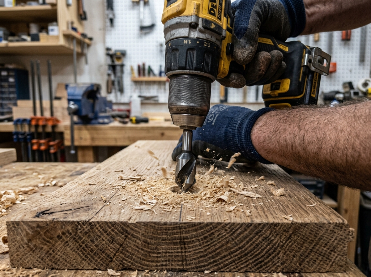 wood tapping screws — close-up of countersink bit and wood tapping screw positioned above pilot hole in hardwood