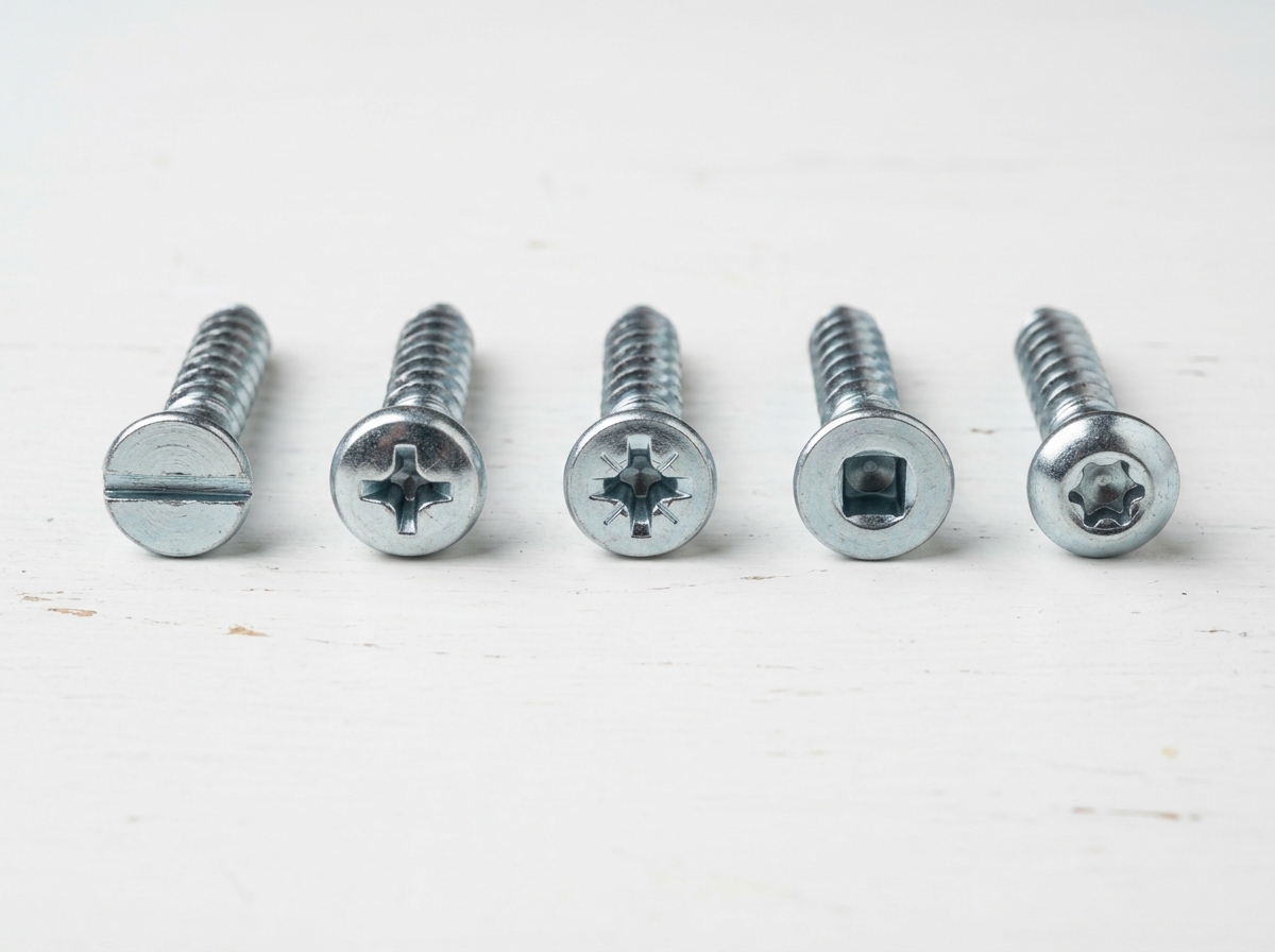 wood tapping screws — flat-lay comparison of Type A, AB, self-drilling, and bugle-head variants on a workshop bench