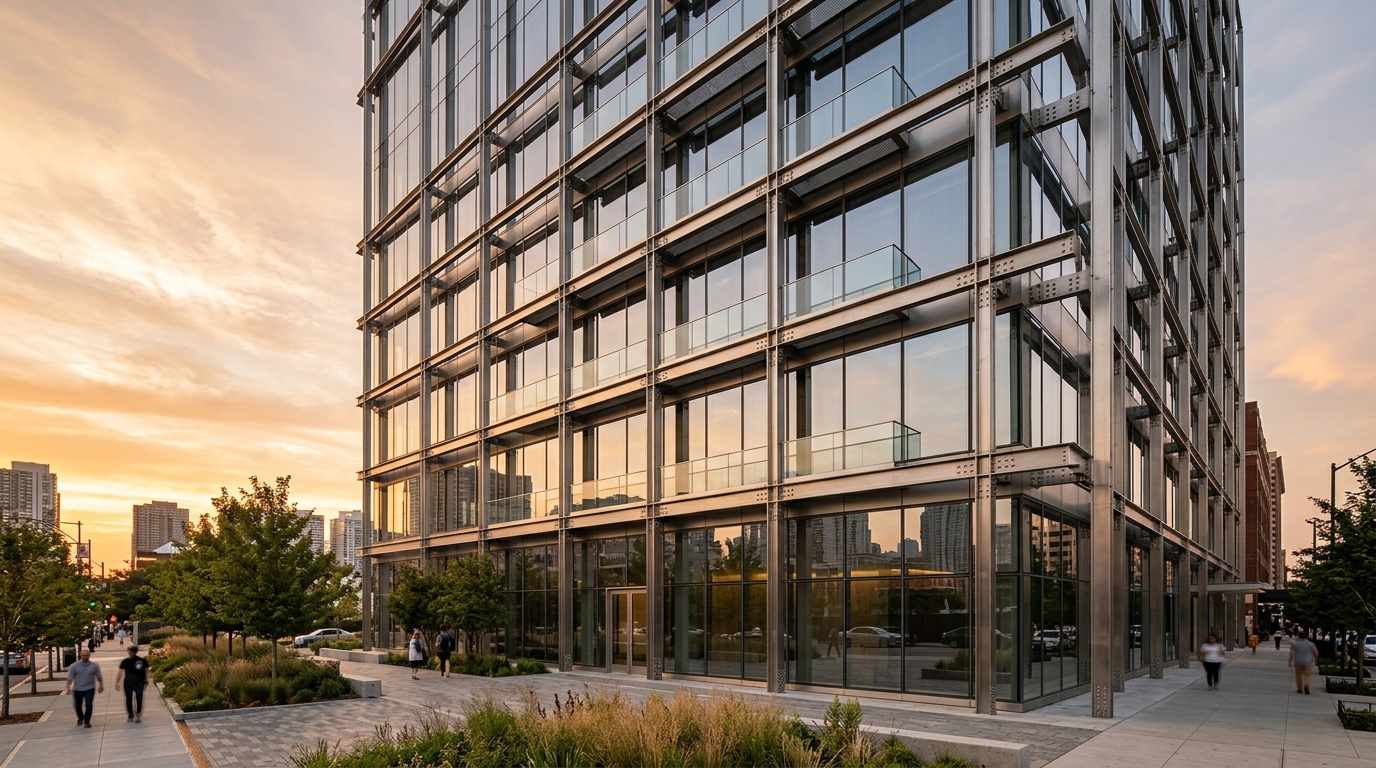 a2-70 stainless steel bolts securing a modern architectural steel-and-glass facade