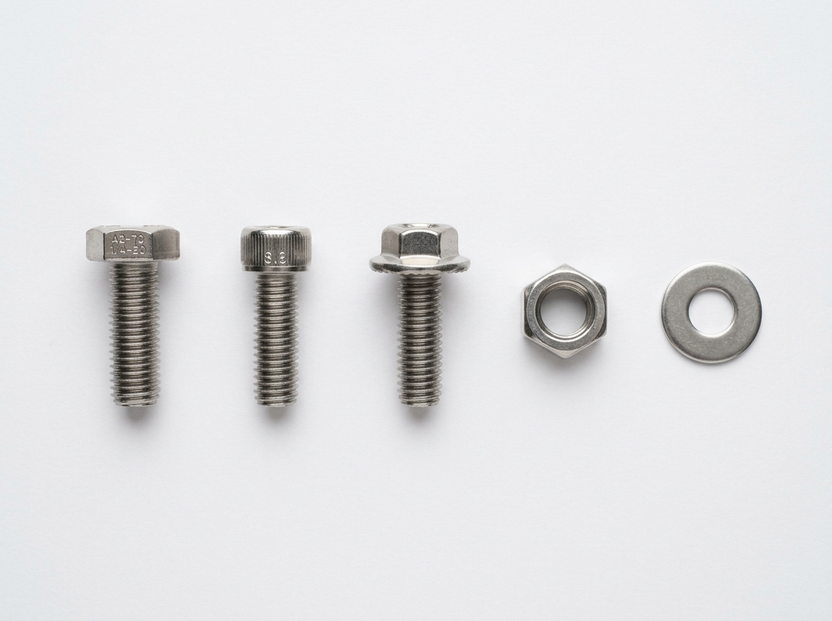 a2-70 stainless steel bolts, nuts and washers arranged by type on a workbench