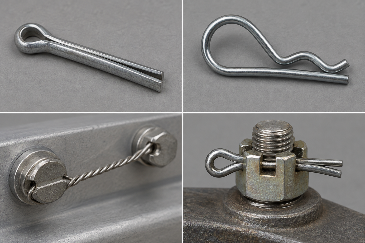 Cotter pin, R-clip, lock wire, and castellated nut arranged as retaining method examples