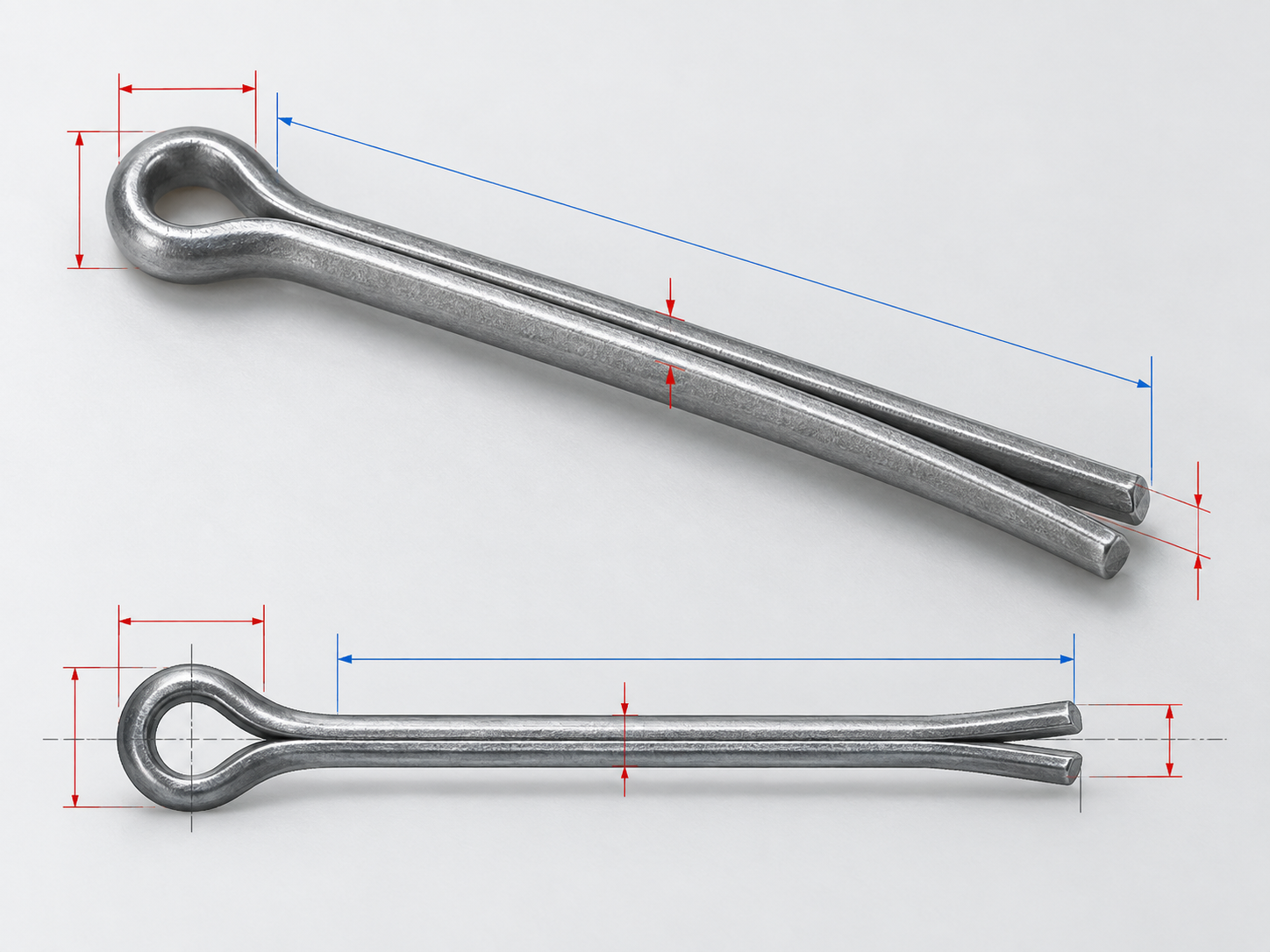 Cotter pin anatomy showing the eye head, shank, two tines, nominal diameter, and effective length
