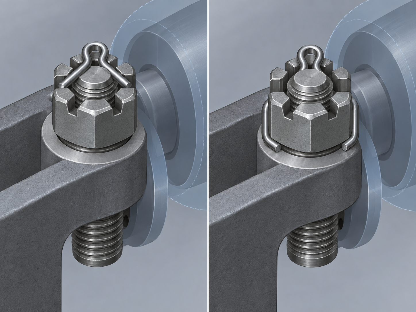 Two correct cotter pin leg-bending examples around a bolt with clearance marked by the fixture