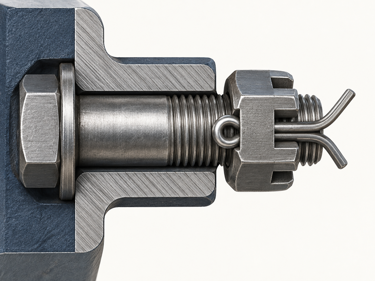 Split cotter pin inserted through a cross-drilled bolt with its two legs bent around the joint