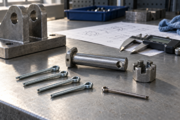 Cotter pins with a clevis pin, castellated nut, caliper, and steel fixture on an industrial inspection bench