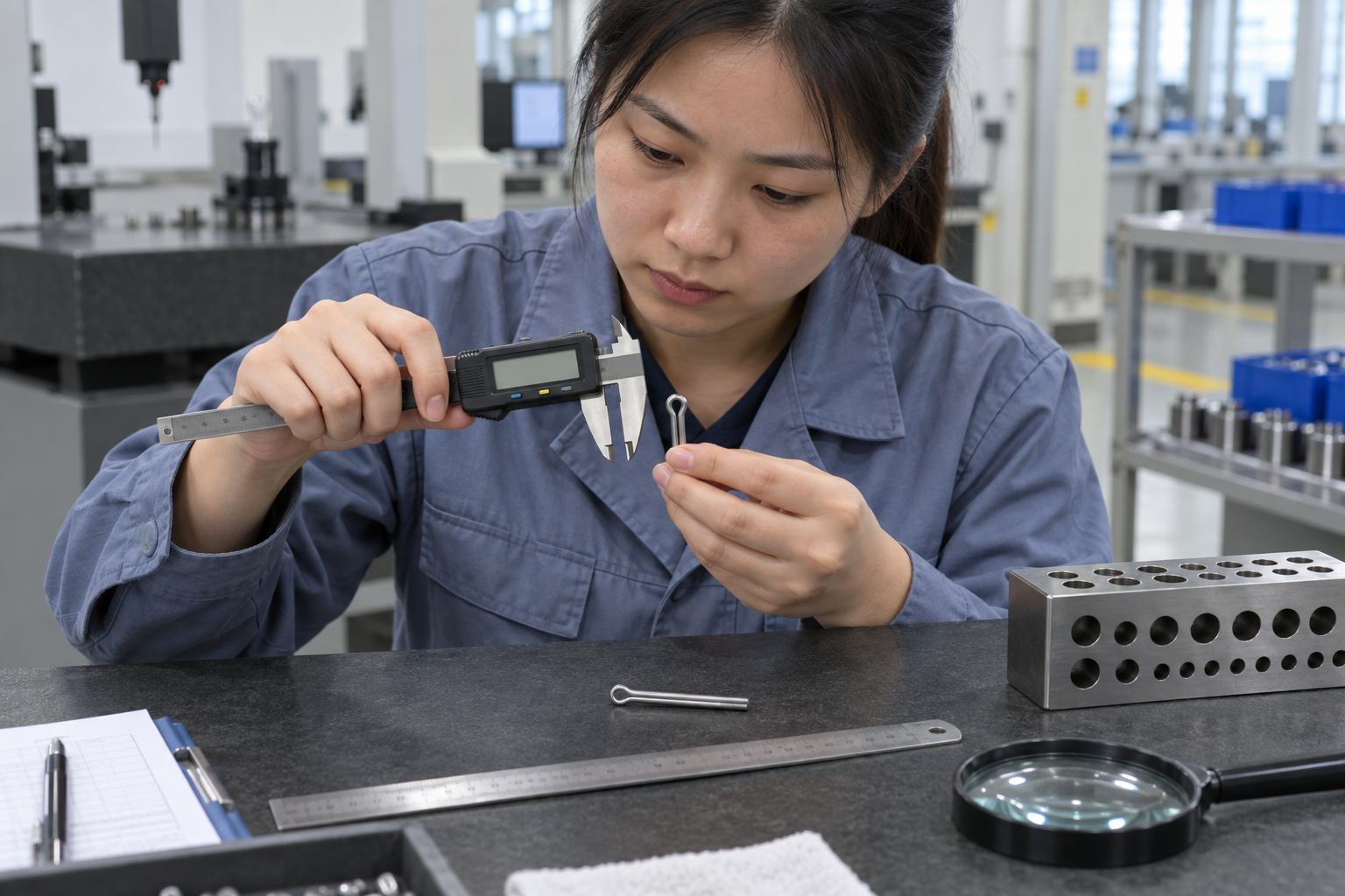 Quality engineer measuring cotter pin diameter and length while checking burrs and corrosion