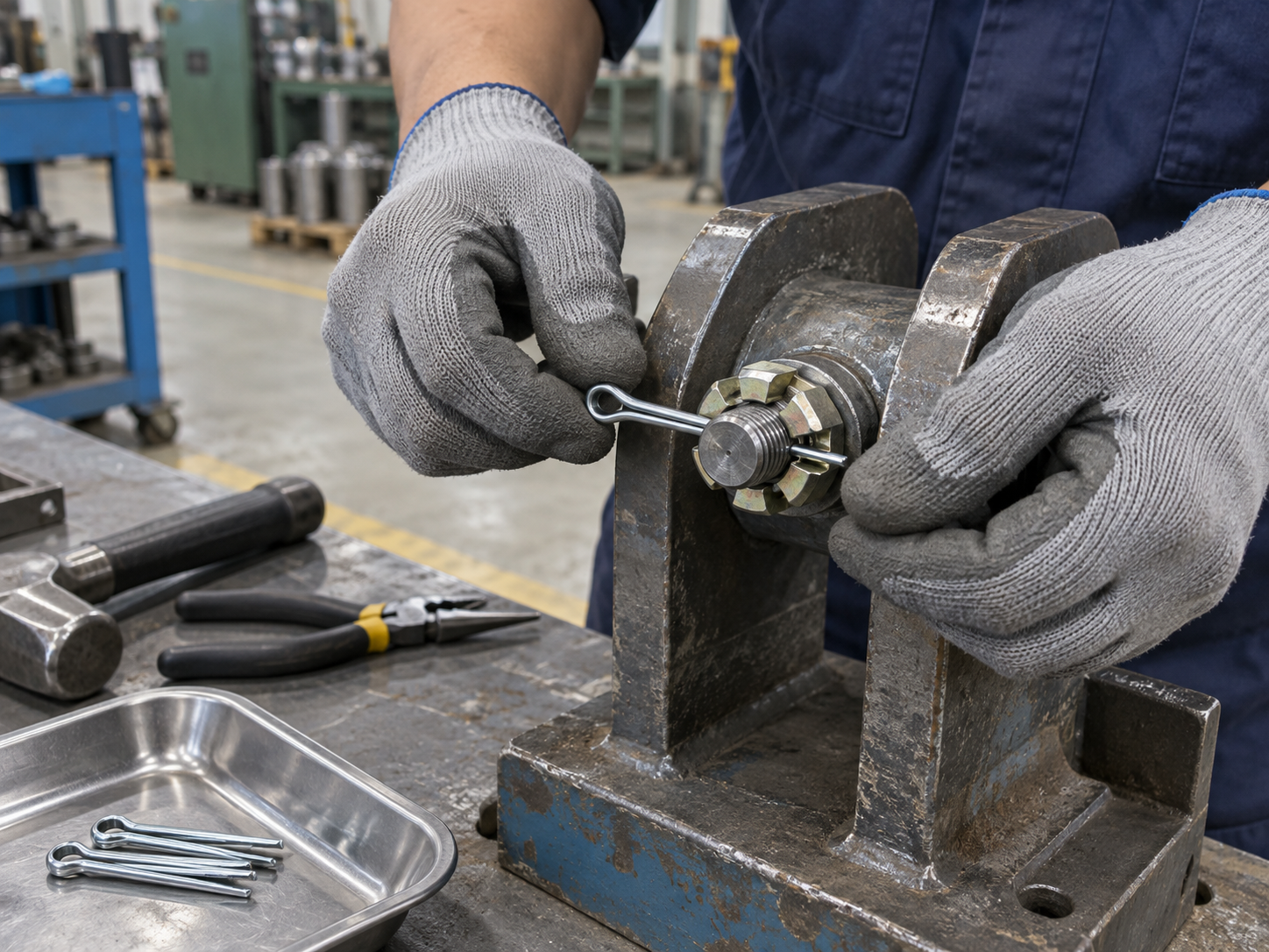 Technician inserting a cotter pin through a castellated nut and cross-drilled bolt on a supported fixture